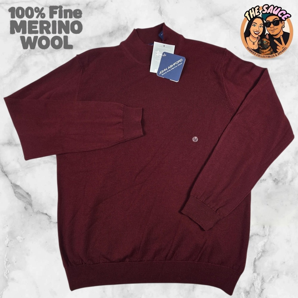 John Ashford 100% Fine Merino Wool Mock Neck Sweater Mens Medium Burgundy NWT